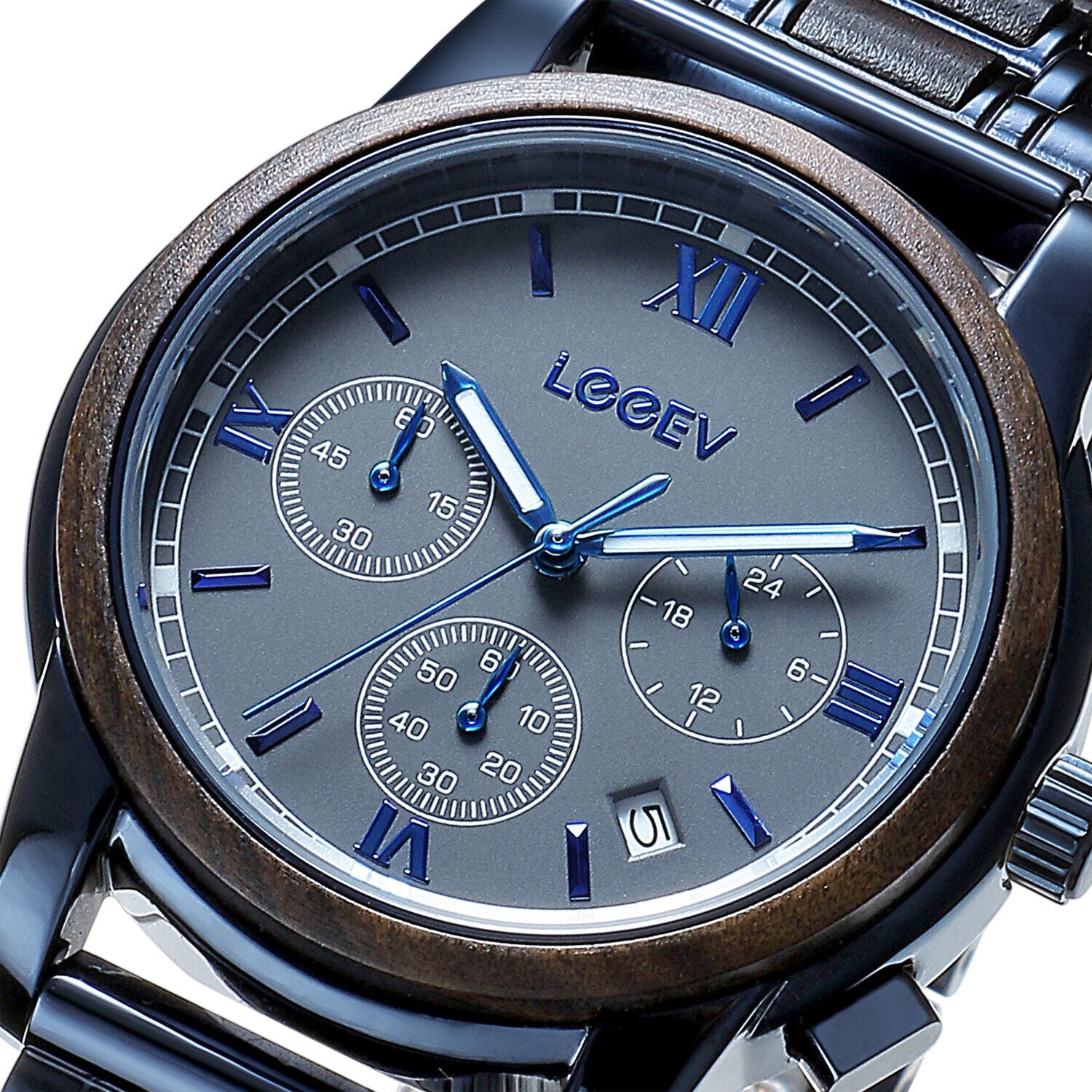 Leeev Waterproof Steel & Wood Watch for Men Relogio Masculino Christmas Gift