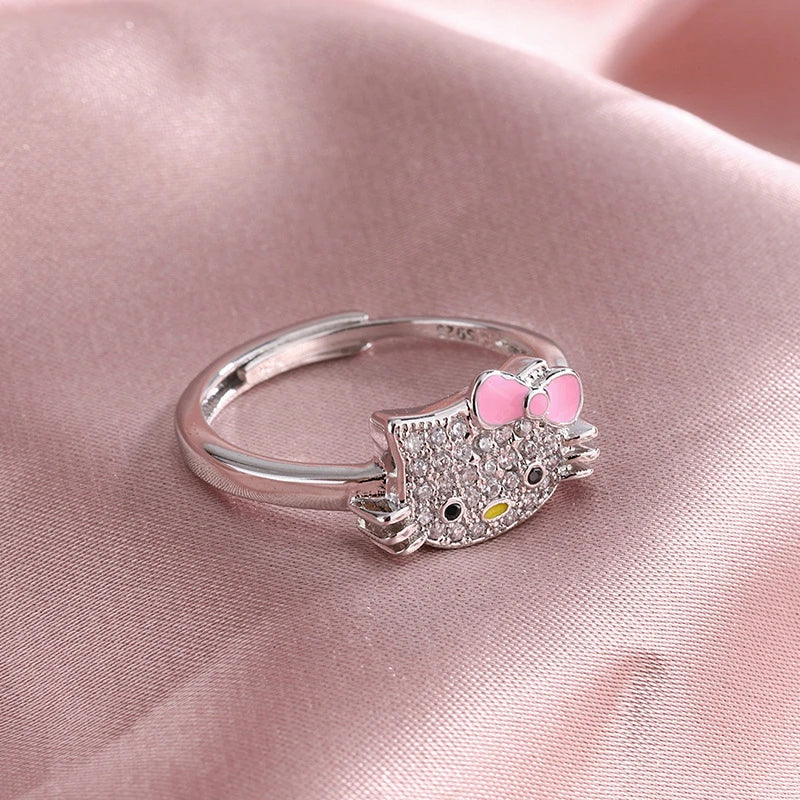 Sanrio Hello Kitty Ring Cute Cartoon KT Cat Rhinestone Zircon Mosaic 925 Silver Girl Ring Ornaments Jewelry Holiday Gift