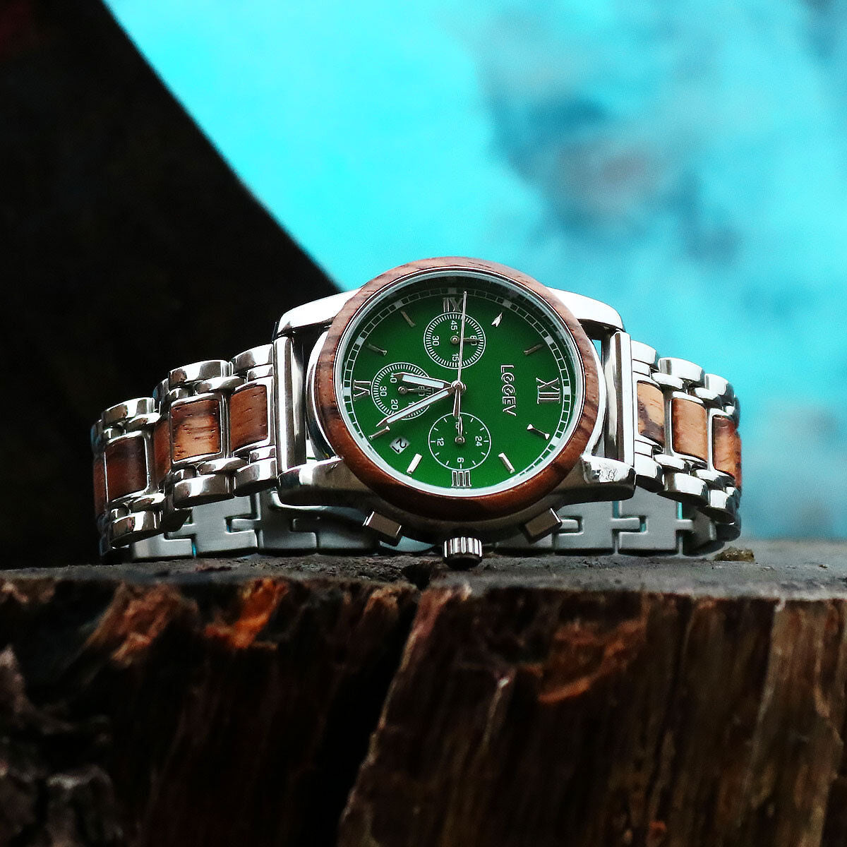 Leeev Waterproof Steel & Wood Watch for Men Relogio Masculino Christmas Gift