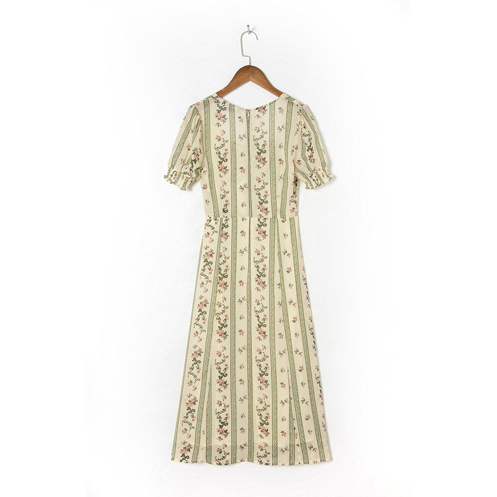 Summer Dress 2021 Beach Boho Striped Floral Dress Women Sweetheart Neck Puff Sleeve Elegant Vintage Chiffon Midi Dress with Slit