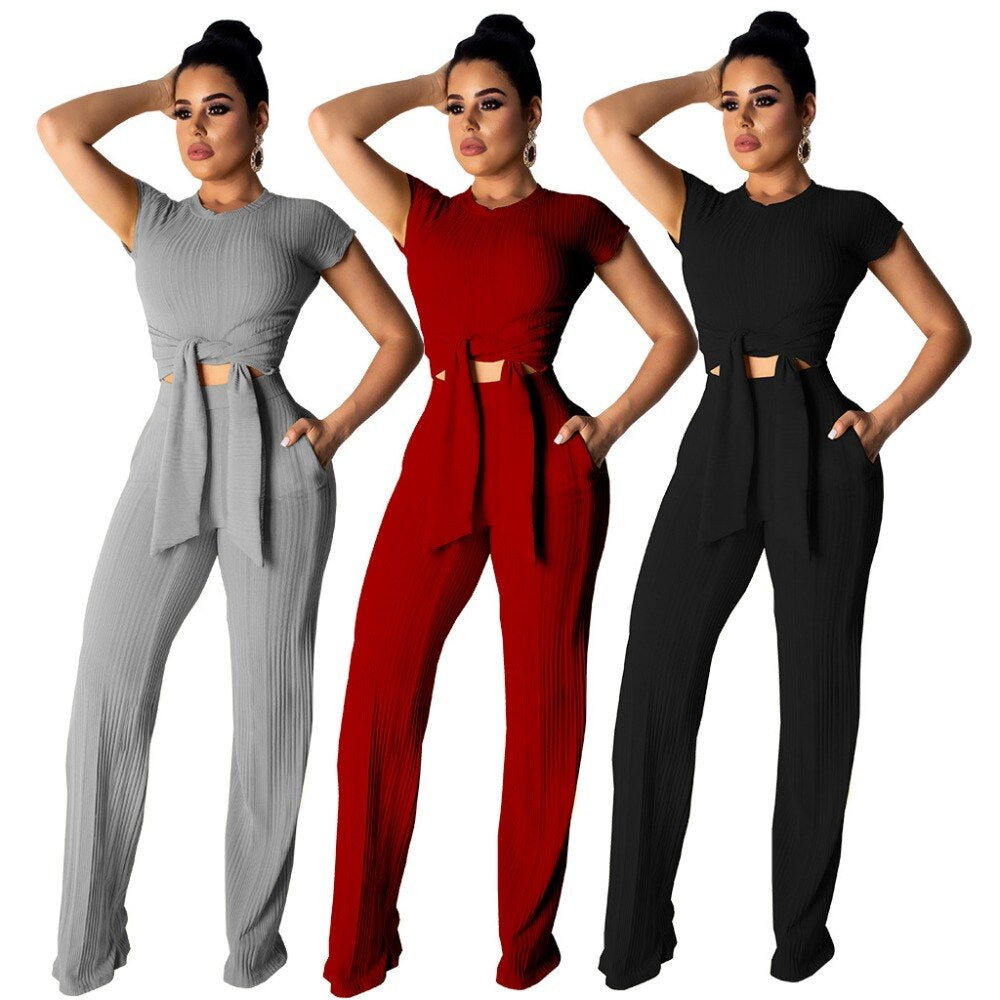 Women Bandage O-Neck Long Sleeve Crop Top Full Pants Tracksuits Two Pieces Set for Women Tops Pants 2 Piece Set Women'S Suit