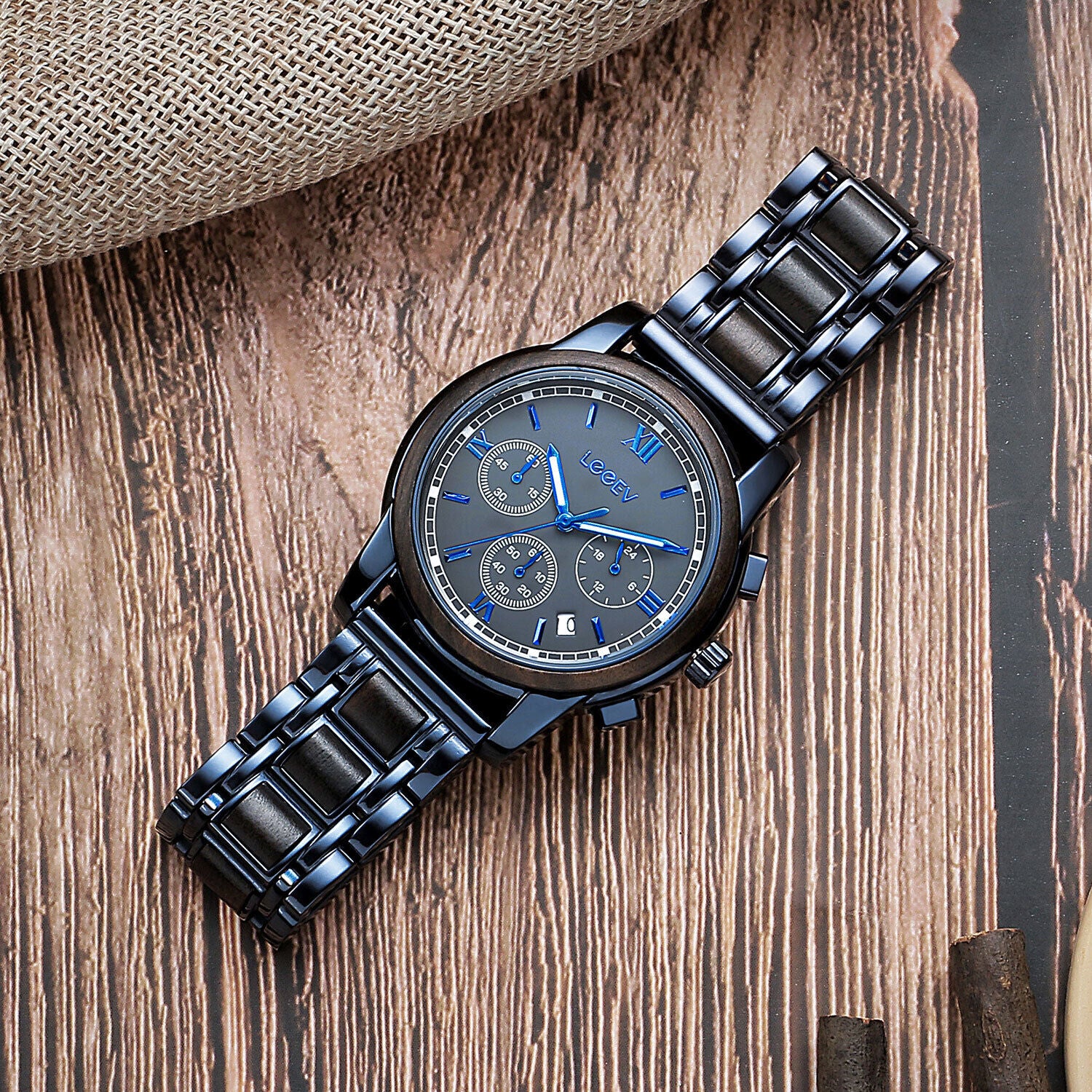 Leeev Waterproof Steel & Wood Watch for Men Relogio Masculino Christmas Gift