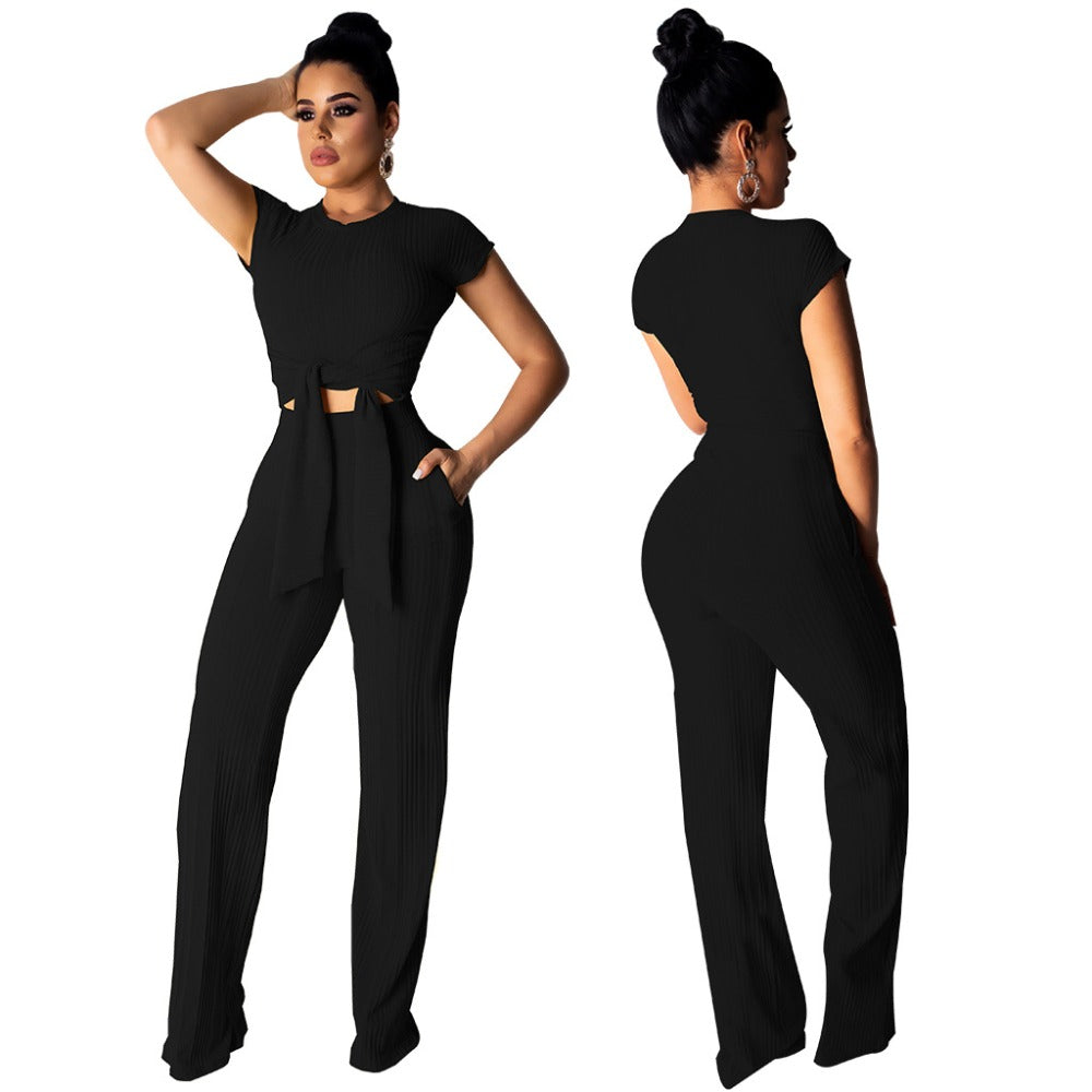 Women Bandage O-Neck Long Sleeve Crop Top Full Pants Tracksuits Two Pieces Set for Women Tops Pants 2 Piece Set Women'S Suit