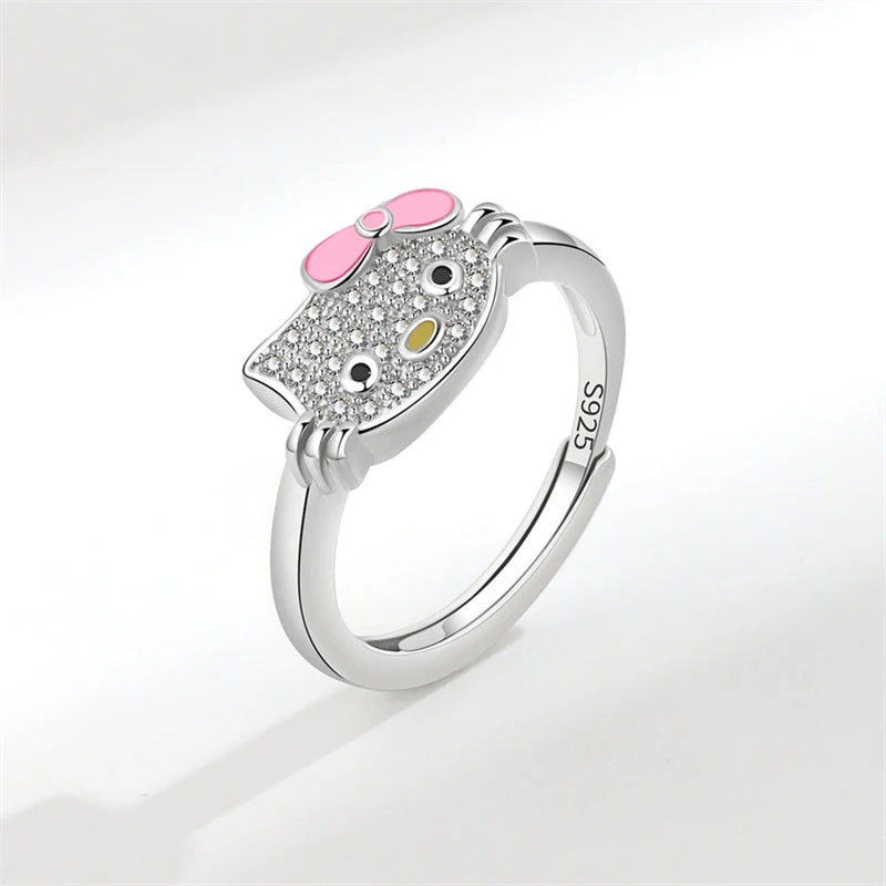 Sanrio Hello Kitty Ring Cute Cartoon KT Cat Rhinestone Zircon Mosaic 925 Silver Girl Ring Ornaments Jewelry Holiday Gift