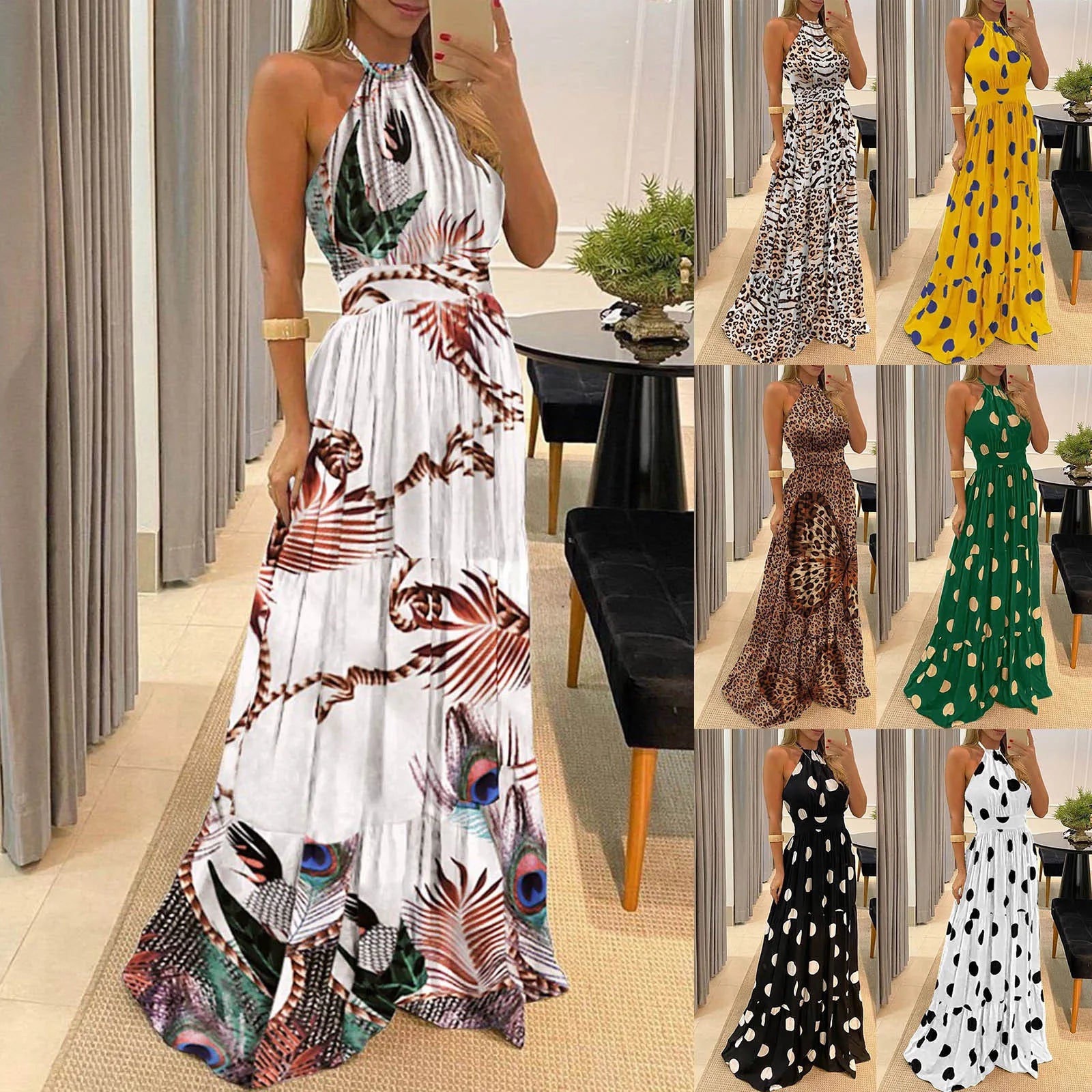 Women Tropical Boho Fashion Print Halter Backless Maxi Dress Sexy Sleeveless Summer Beach Holiday Loose Pleated Dress Robe