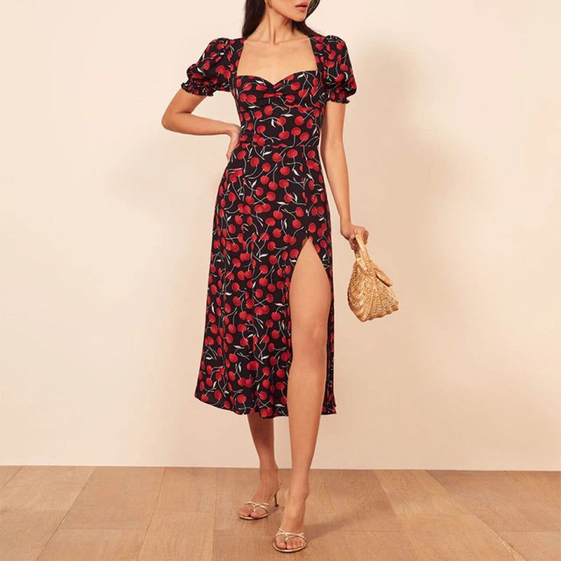 Summer Dress 2021 Beach Boho Striped Floral Dress Women Sweetheart Neck Puff Sleeve Elegant Vintage Chiffon Midi Dress with Slit