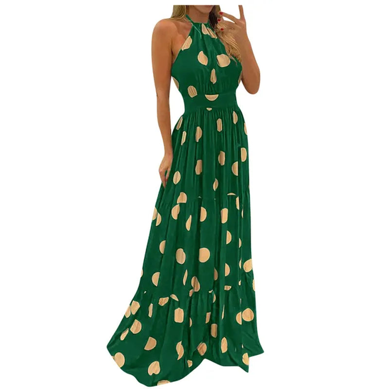 Women Tropical Boho Fashion Print Halter Backless Maxi Dress Sexy Sleeveless Summer Beach Holiday Loose Pleated Dress Robe