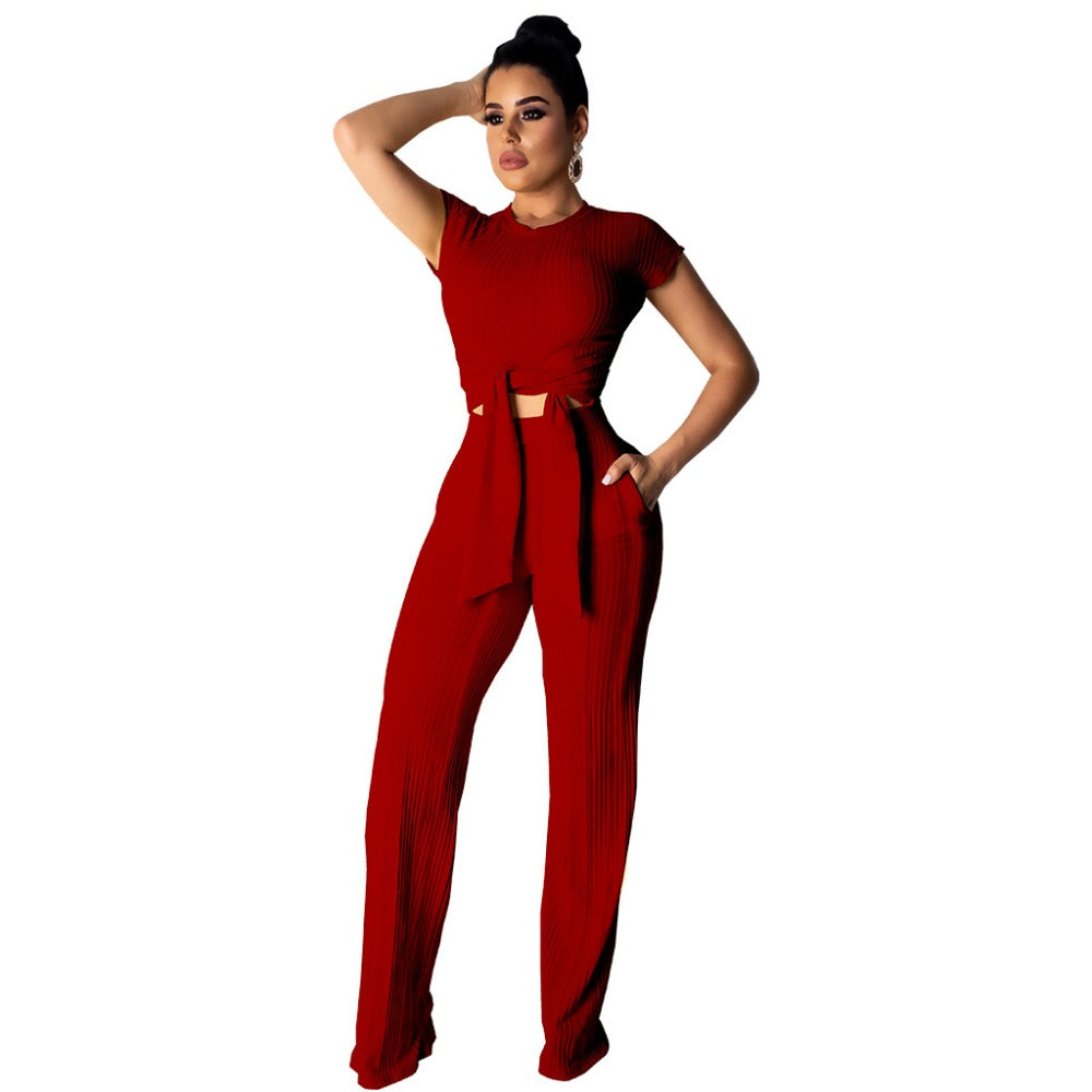 Women Bandage O-Neck Long Sleeve Crop Top Full Pants Tracksuits Two Pieces Set for Women Tops Pants 2 Piece Set Women'S Suit